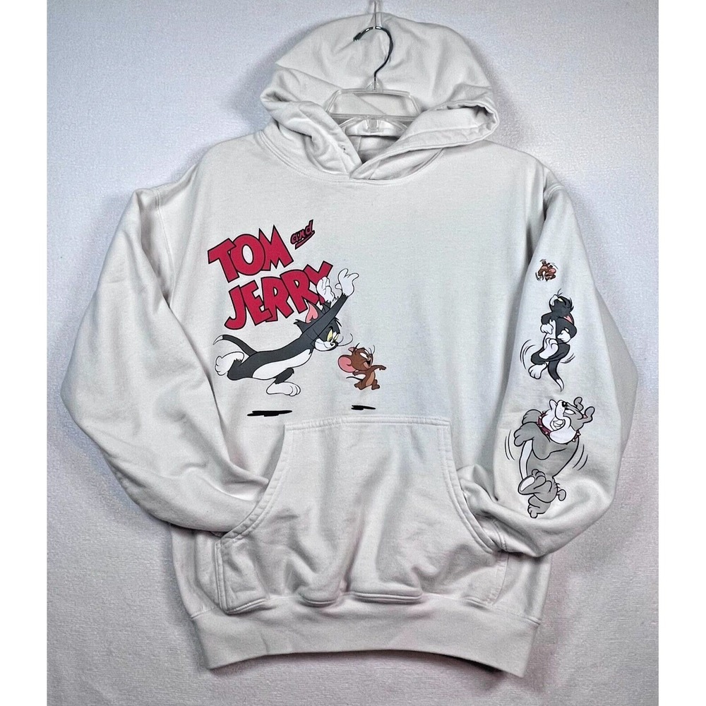 Tom and Jerry Hoodie Small White Pullover Sweatshirt Long‎ Sleeves Graphic